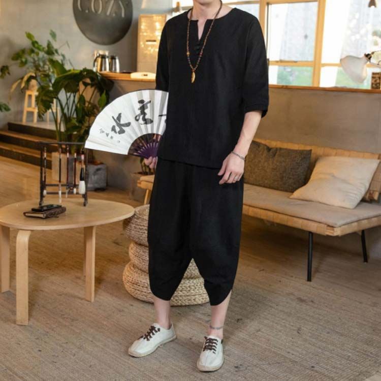 M－5XLサイズ！メンズ セットアップ 綿麻 Tシャツ カットソー