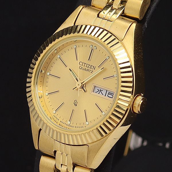 シチズン QZ 6000-K09354 ゴールド文字盤 デイデイト レディース腕時計 