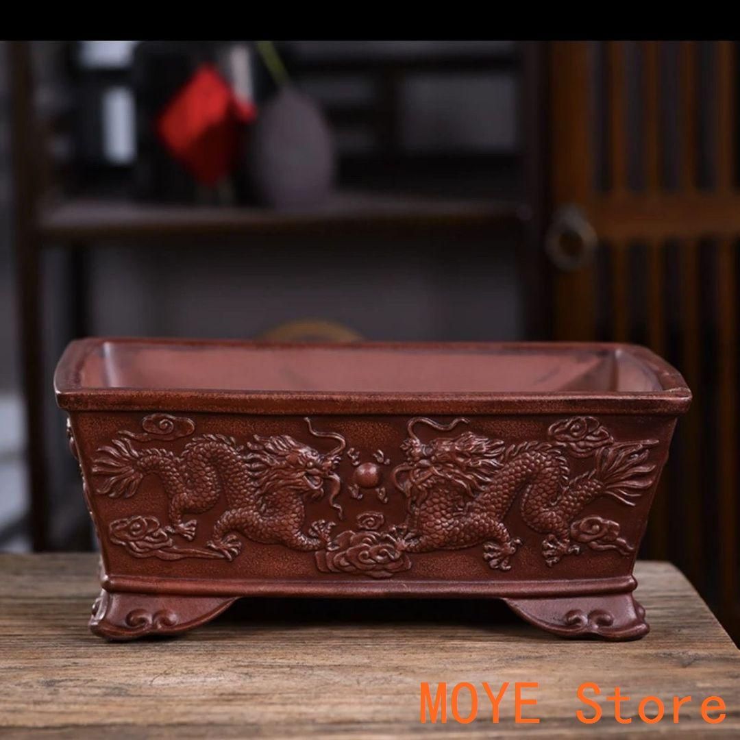 中国宜興 最新 双龍戯珠花盆 龍騰四海紫砂鉢 盆栽鉢 植木鉢