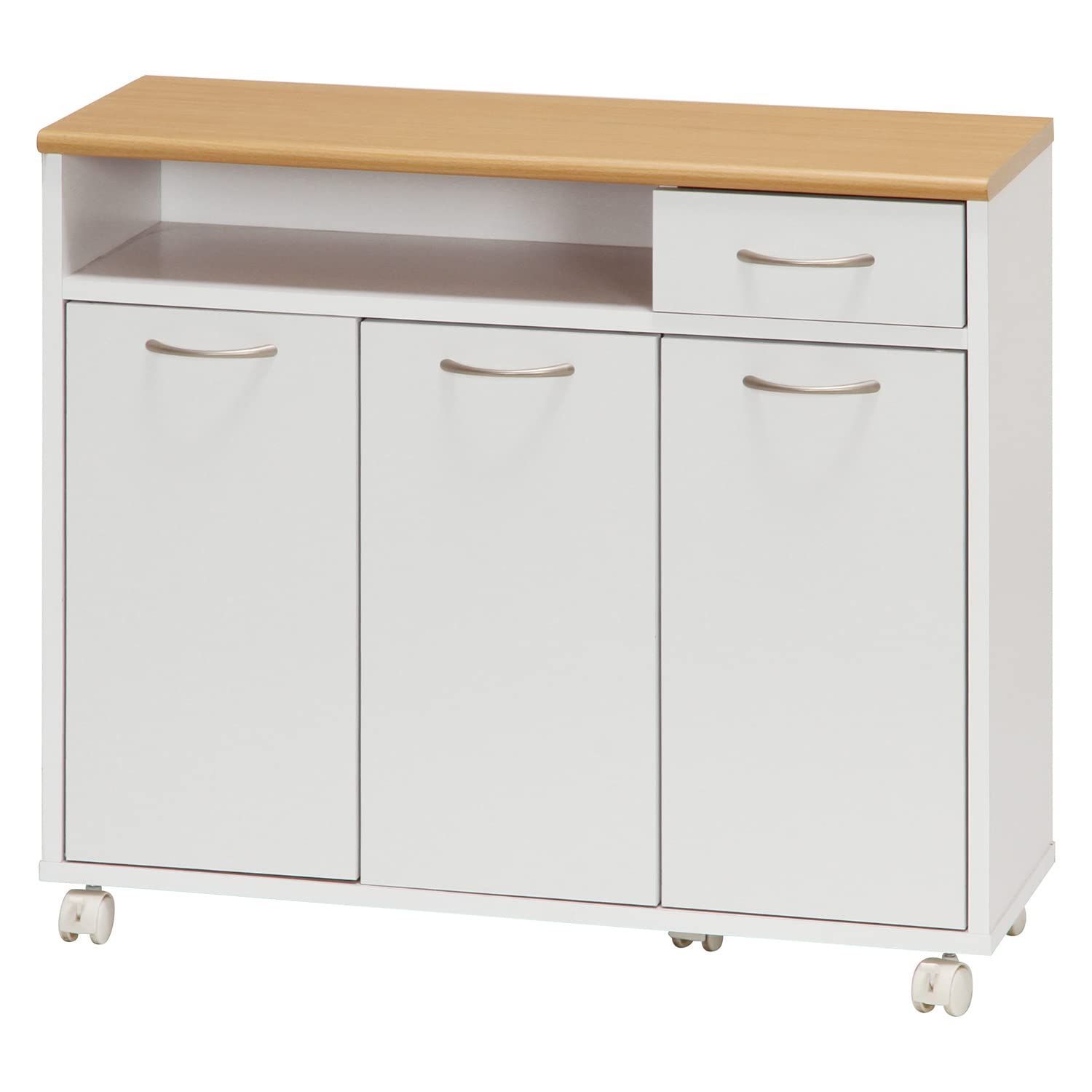 新着商品 キャスター付き 食器棚 引き出し収納 ホワイト×ナチュラル 幅80×奥行29×高さ70cm 木目調 キッチン収納 キッチンカウンター 86927 不二貿易 Fujiboeki