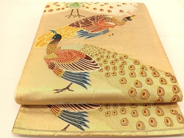 平和屋着物▽六通柄袋帯 唐織 孔雀文 金糸 正絹 逸品 BAAT8331yc