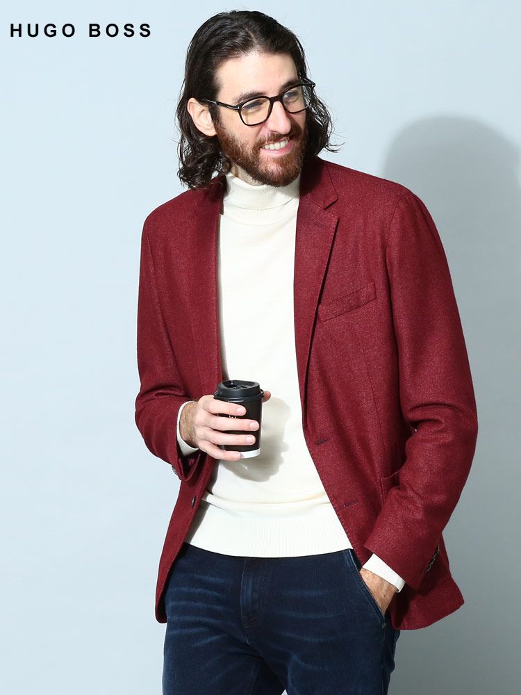 ヒューゴボス  メンズ ジャケット HUGO BOSS ブランド アウター テーラード ソフトツイード シングル SLIMFIT ウール 羊毛 大きいサイズ HBHANRY10245008 (レッド)