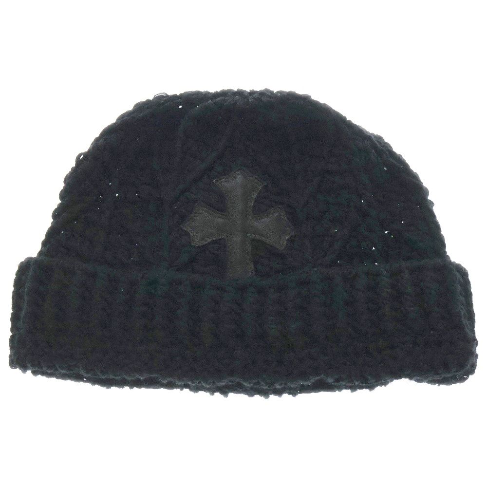 CHROME HEARTS クロムハーツ Cashmere Leather knit beanie カシミヤ ビーニー レザーパッチ クロスボールボタン ニットキャップ ブラック