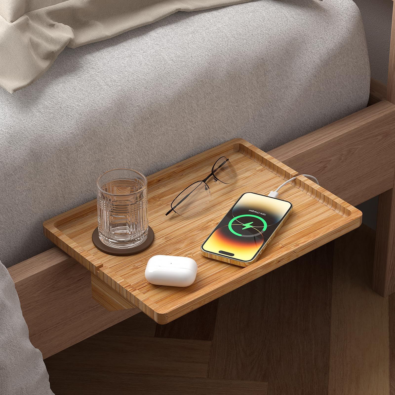 【新着商品】BambuMate竹製ベッドサイドシェルフ、二段ベッドシェルフ、多機能ベッドサイドテーブル、組み立てが簡単な収納ラック（自然色）、24.5*33*6.5cm