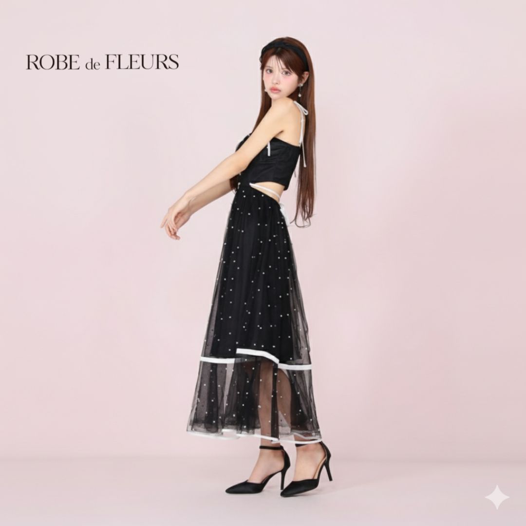 ROBE de FLEURS ローブドフルール fm3298 パールドットチュールウエストカットフ ロングキャバドレス Black