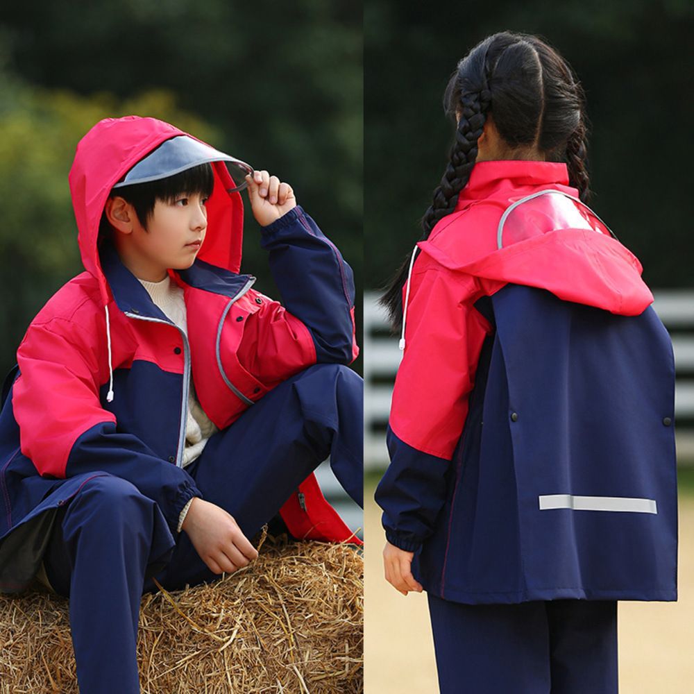 ネイビー×レッド  2XL(130-140cm)  レインスーツ キッズ 上下 ランドセル対応 レインコート キッズ 上下 レインスーツ ランドセル対応 つば付き ツバ付き 上下セット セパレート フード付き リュ