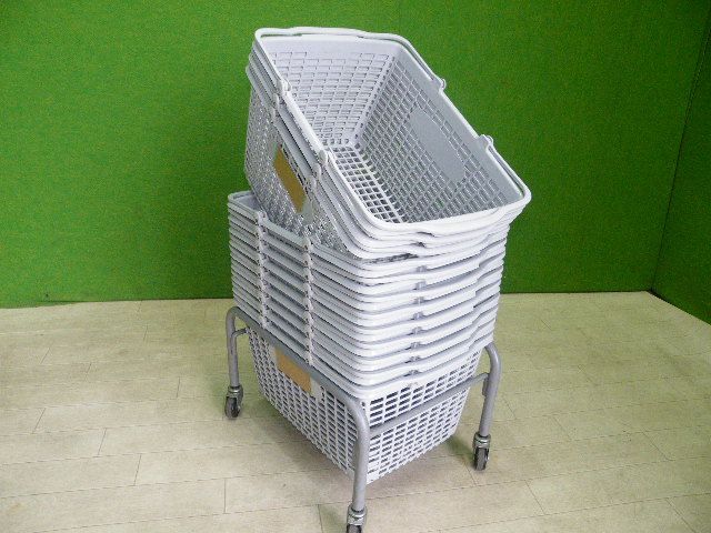 KAWAJUN|河淳 買い物カゴ １２個セット カゴ置き台付き 店名印字あり ショッピングバスケット T-362