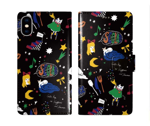 スカラー スマホケース Galaxy A55 5G SC-53E 手帳型 ギャラクシー SC-51E SC-53D SC-56C SC-56B SC-53B SC-51A スマホカバー 全機種対応 scolar 女の子 ネコ ラッパ ファンタジー 総柄 ダイ