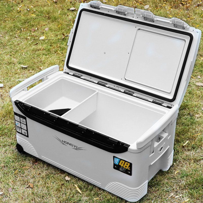 釣り用クーラーボックス 大容量48 L 大型 座れる頑丈マッスルボディ 防水 サイドハンドル キャスター付 釣り 保冷力72 h 水栓付き 白-黒