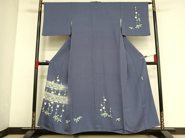 平和屋着物●名門・上野家　上野街子　清染居　訪問着　紬地　松竹梅　杜若色　正絹　逸品　AAAU0042np 平和屋着物○名門・上野家 上野街子 清染居 訪問着 紬地 松竹梅 杜若色