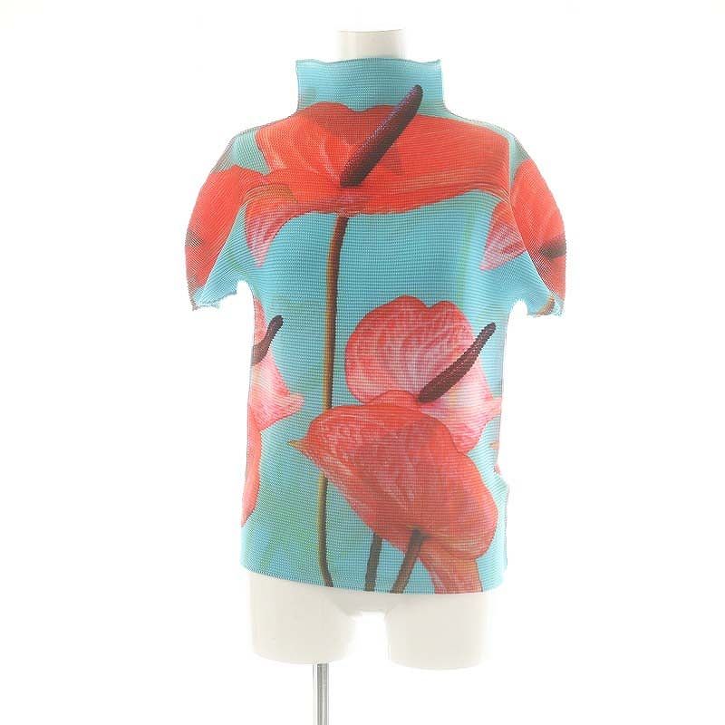 ミーイッセイミヤケ me ISSEY MIYAKE 花柄プリーツ半袖カットソー ハイネック ミントブルー マルチ |DO OS