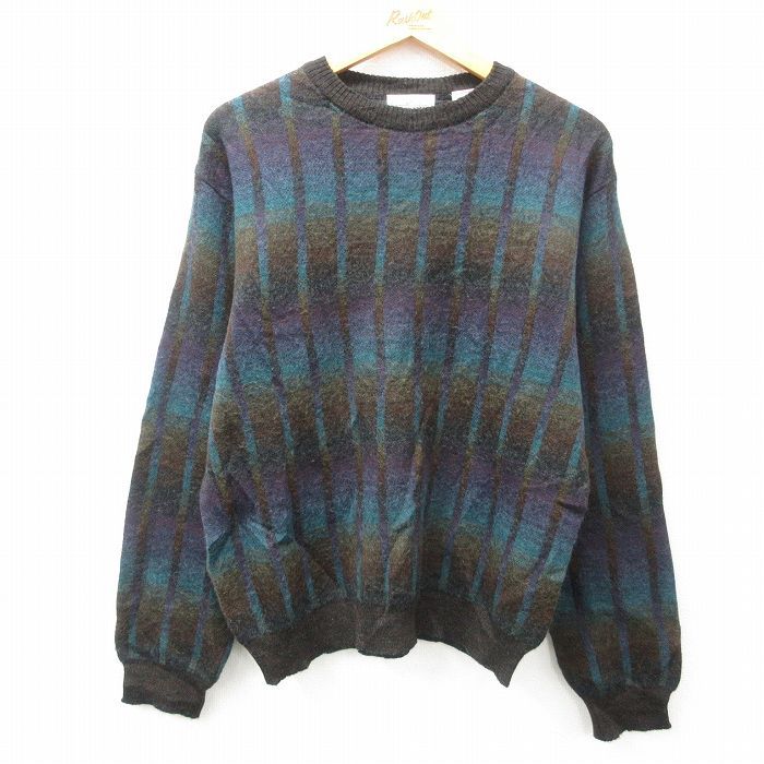 L/古着 長袖 セーター メンズ 00s ウール クルーネック 茶他 ブラウン ストライプ 25feb01 中古 ニット トップス