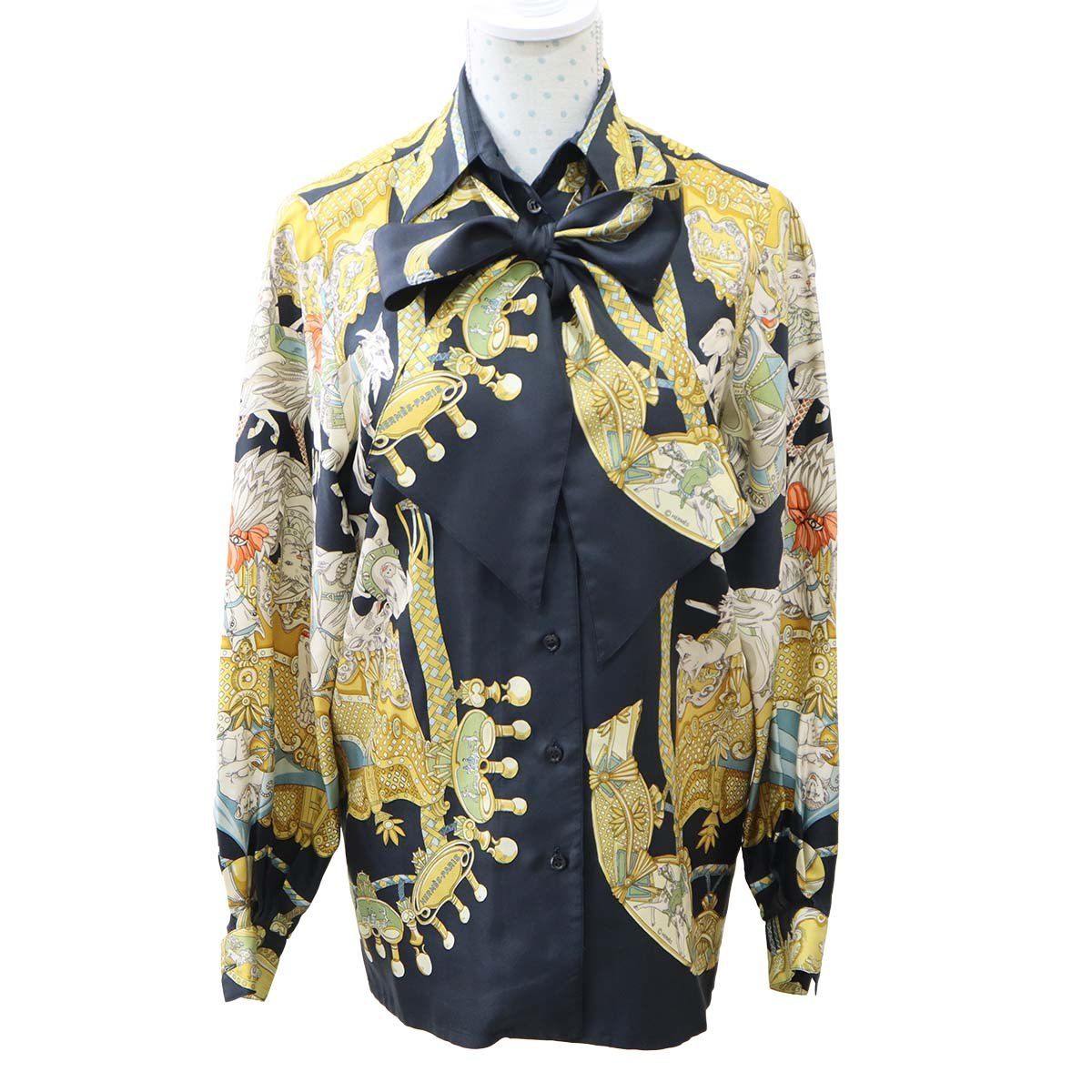ok927 HERMES エルメス シルク100％ ブラウス シャツ ボウタイ