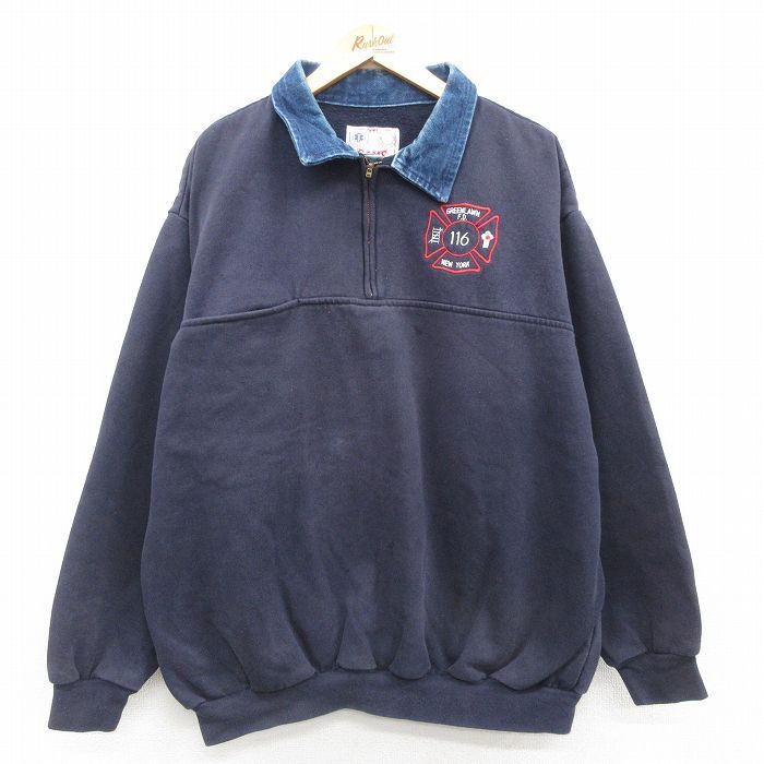 XL/古着 長袖 ハーフジップ スウェット メンズ 90s ニューヨーク 消防署 襟デニム ヒジ当て 大きいサイズ タロン 濃紺 ネイビー 24sep10 中
