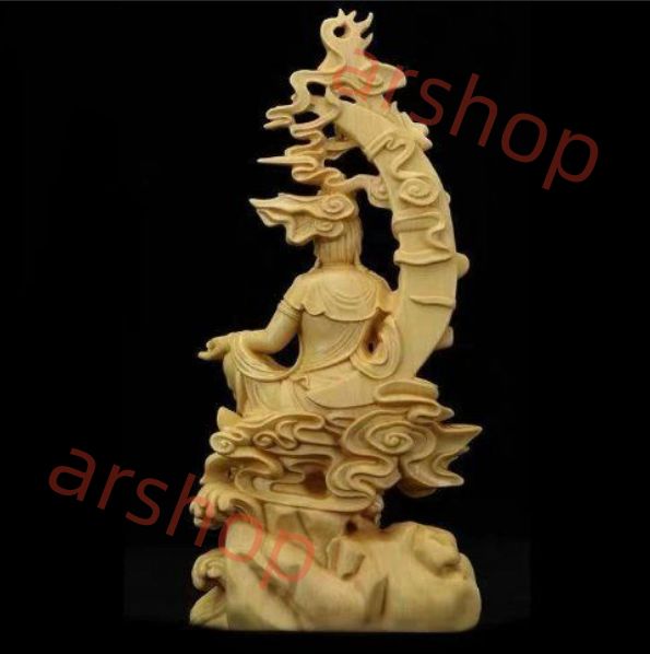 黄楊木彫水月観音菩薩置物観音仏像供養彫刻工芸品文玩収蔵