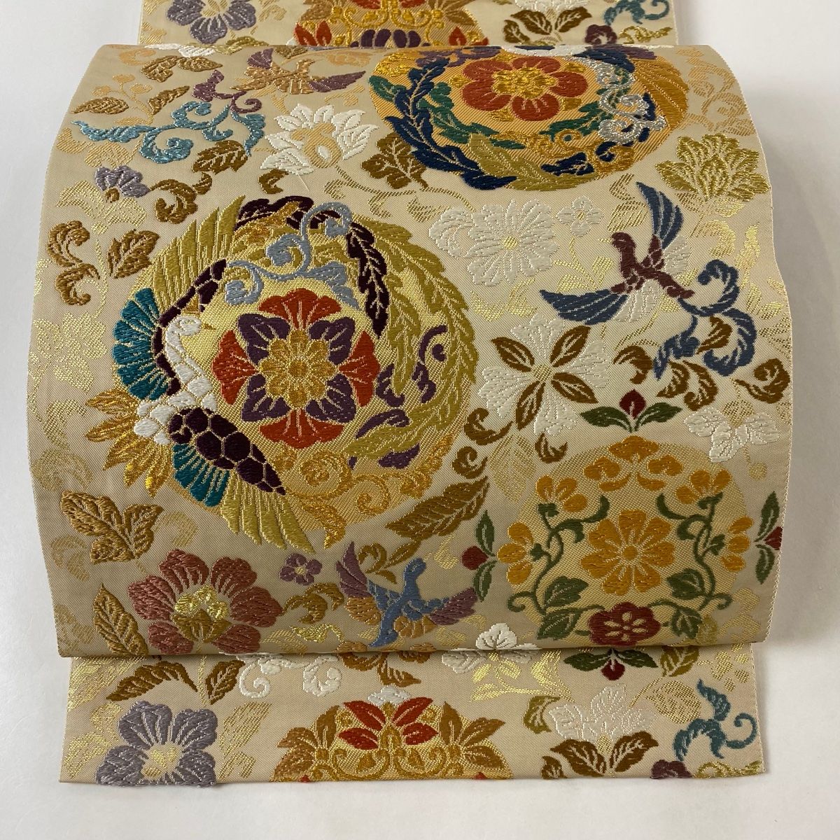 【希少アンティーク・美品】金銀糸や赤の漆糸、大正ロマンな芍薬☆正絹 名古屋帯 大正浪漫 アンティーク 長襦袢 菊 赤 紅絹 花模様 着物 レトロ
