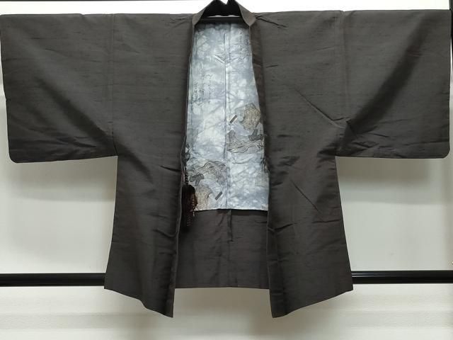 平和屋着物▽男性 紬 単衣 アンサンブル 色無地 鉄黒色 正絹 逸品  