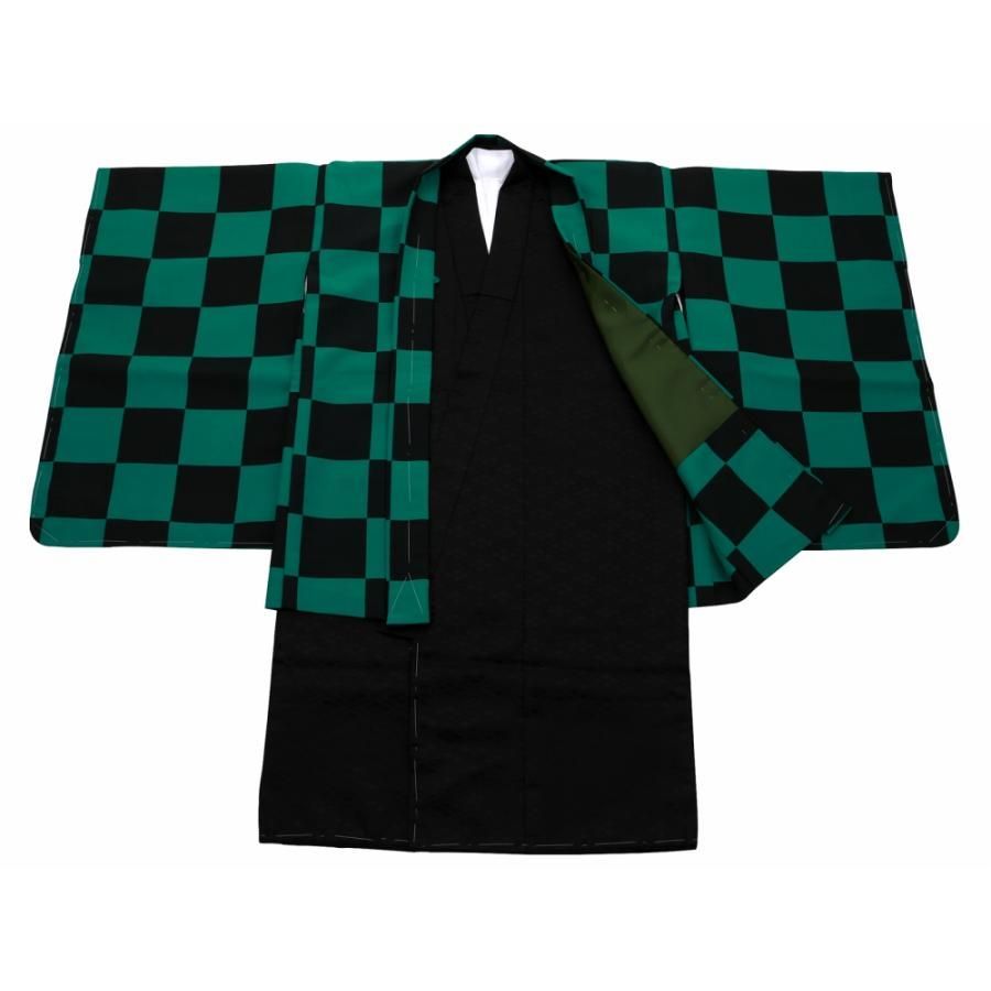 七五三 5歳 男の子 アンサンブル 3点セット 黒緑市松 菱柄入り着物 ok-15-a