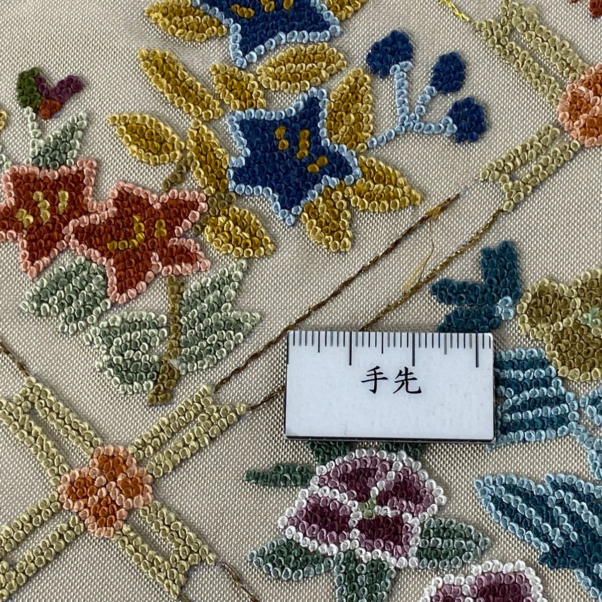 袋帯 逸品 草花 菱天井 相良刺繍 金糸 薄茶色 六通 正絹