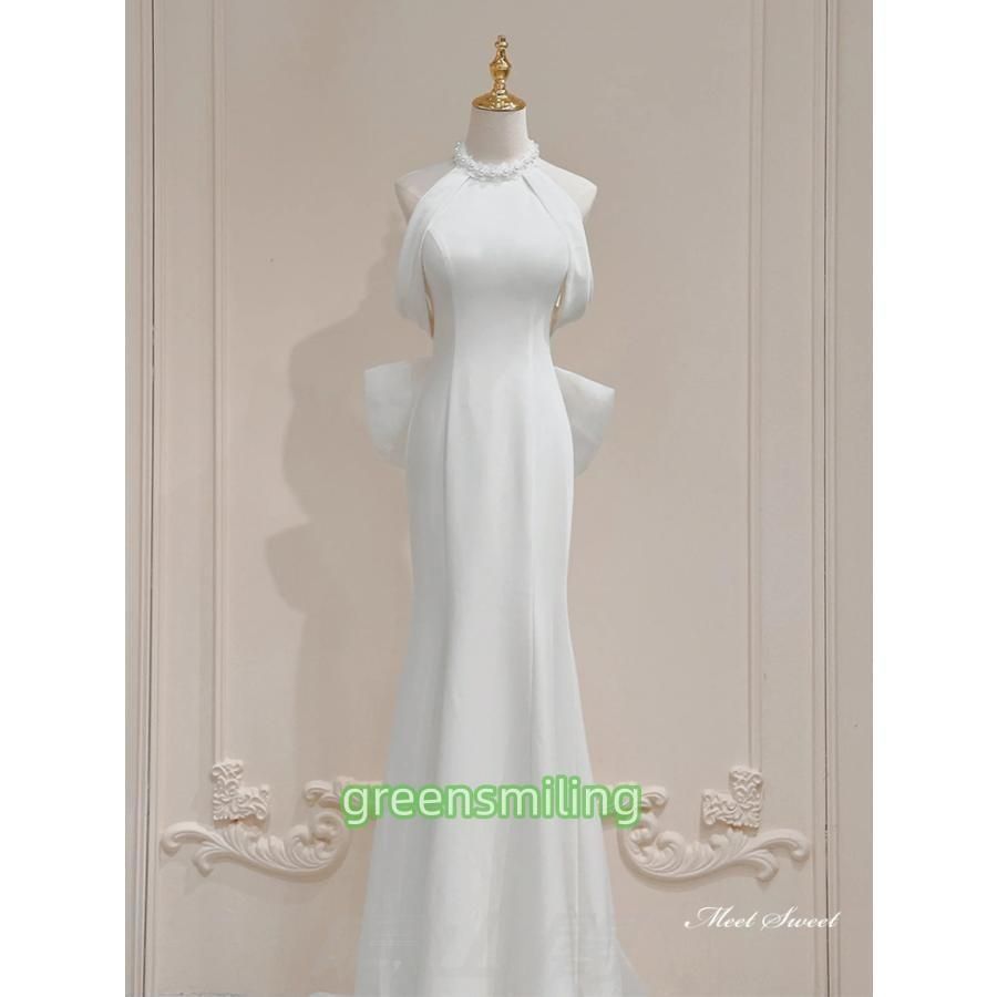 ウェディングドレス ロングドレス マーメイドドレス ホルターネック リボン トレーン サテン 二次会 結婚式 前撮り ブライダル 登場 ZZ520 MAAHADDERANG_COM