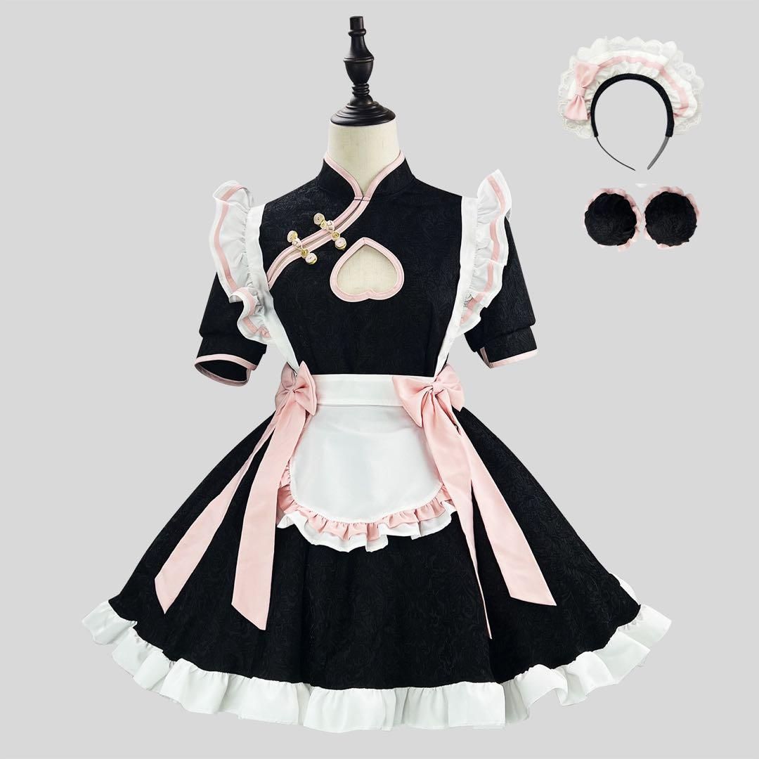 チャイナメイド服 黒 フ スカート ハートカット カチューシャ付き Mサイズ コスプレ 仮装 衣装