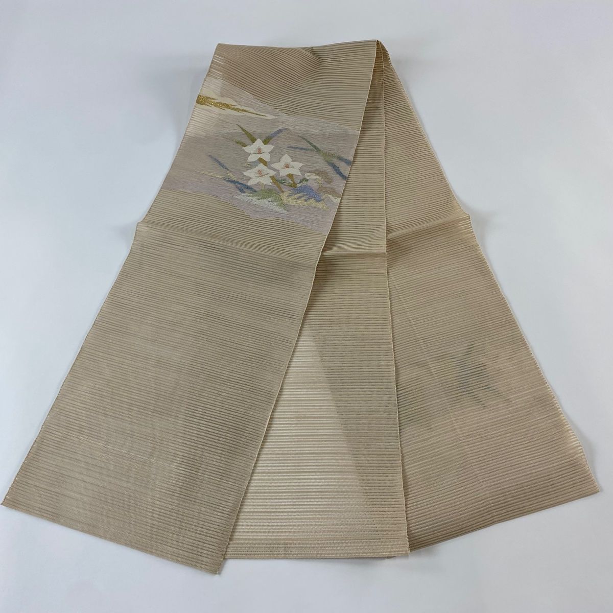 名古屋帯　名古屋　帯　金糸　銀糸　仕立て品　新品未使用　夏帯 名古屋帯 美品 秀品 夏帯 草花 金銀糸 薄茶色 正絹 【中古