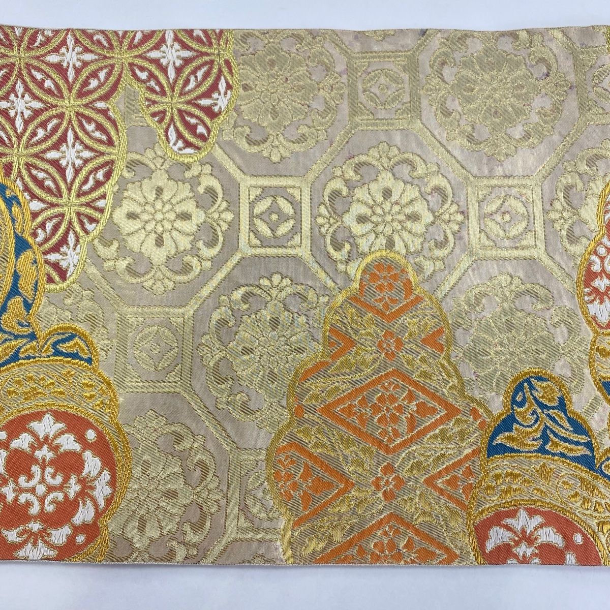 袋帯 美品 名品 川島織物 落款 雲文 七宝 金糸 箔 金色 六通
