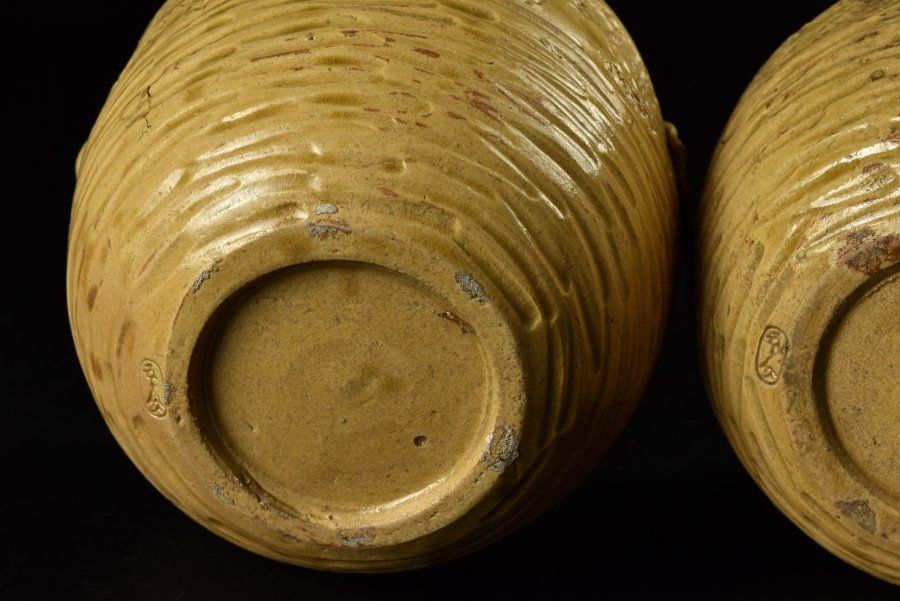 蔵C 8936 茶道具 黄瀬戸 釣瓶 花生 滑車付 共箱 インテリアアート 陶芸 