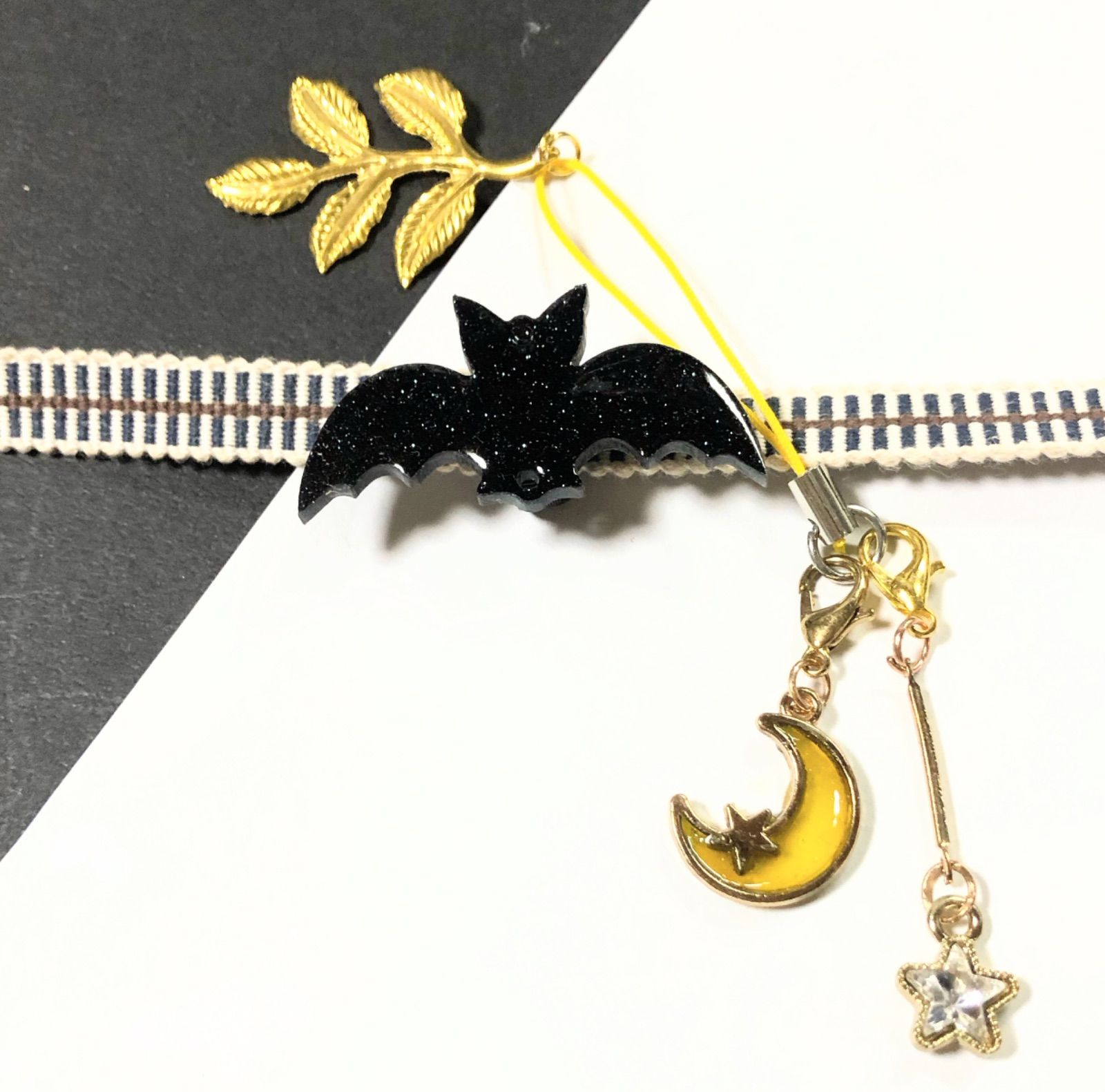 1140蝙蝠 帯留と月と星の根付け 黒 秋 ハロウィン 黄色 帯締め 三分紐 