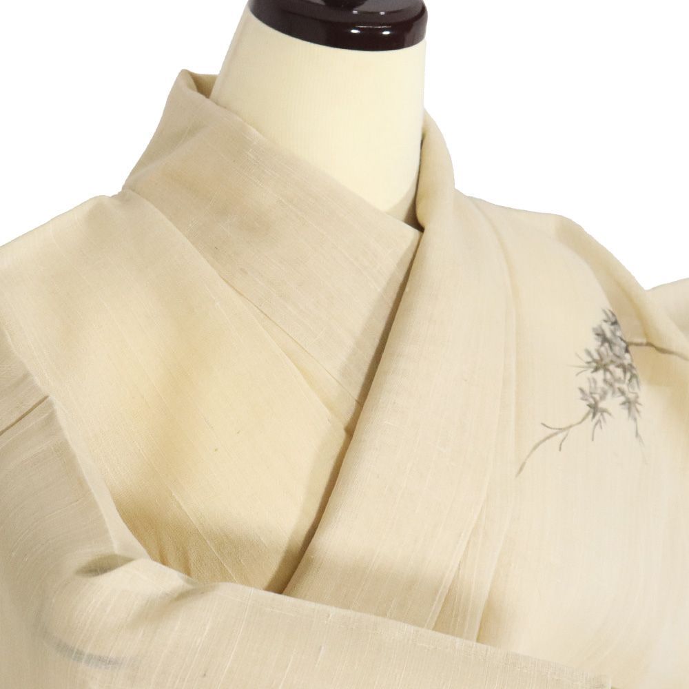 夏着物 紗紬 正絹 枝葉柄 クリームベージュ 未使用品 A-2290
