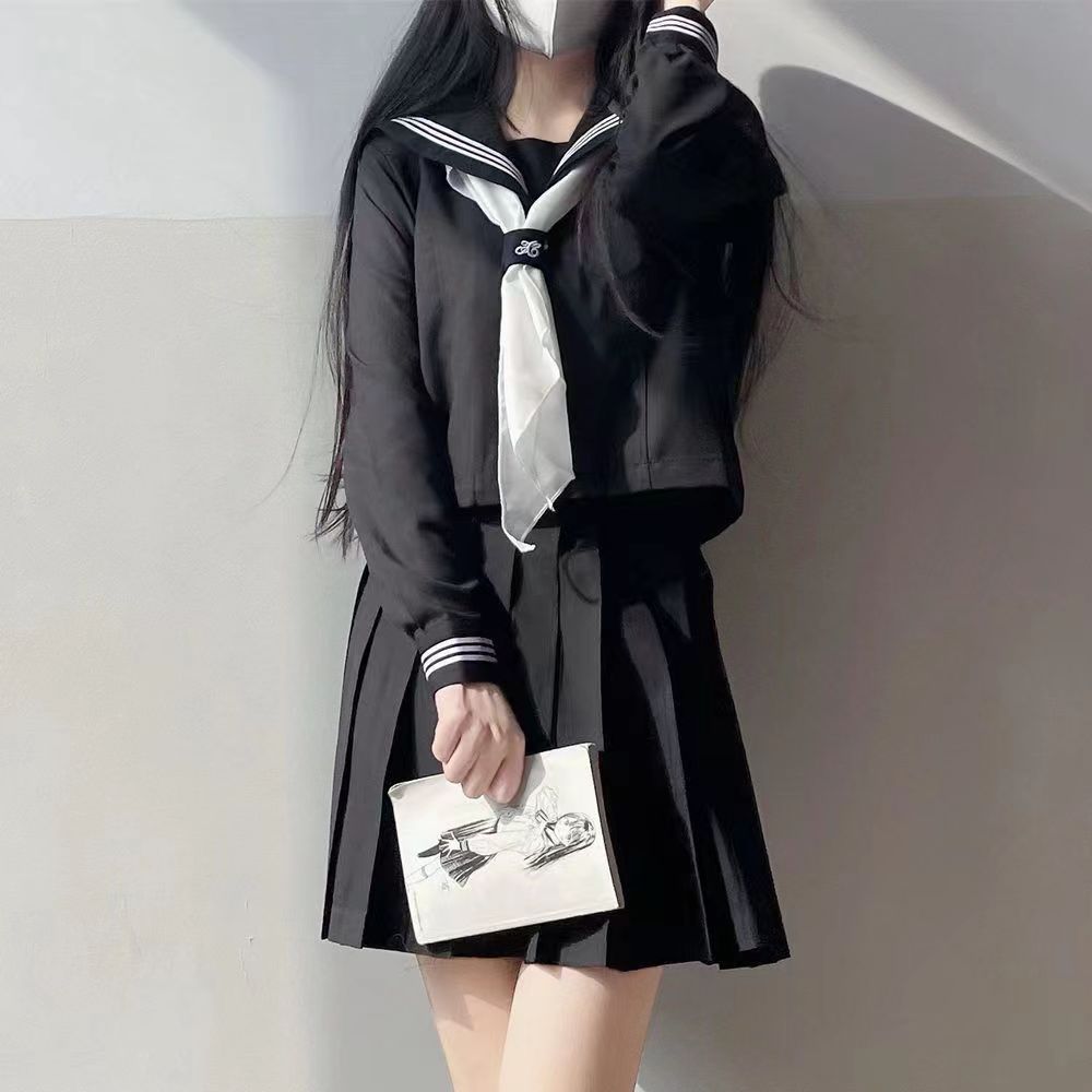 セーラー服 紺色 長袖 女子高生 3点セット ハロウィン 仮装 JK 制服 コスチューム 長袖 前開き 上下セット プリーツスカート 人気 女子制服 本格制服 紺三本 文化祭 卒業式 クリスマス プレゼント yunrui09
