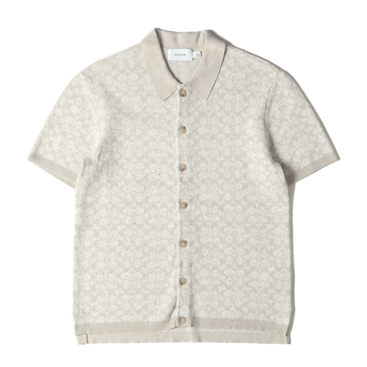 美品 COACH コーチ シャツ サイズ:S 23SS シグネチャー ジャガード コットン ニット ジャージー 半袖シャツ ベージュ トップス カジュアルシャツ【メンズ】