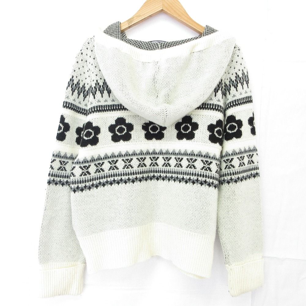 MARY QUANT マリークワント デイジー ノルディック柄 ポンポン ニット パーカー フーディー ジャケット 38 ホワイト レディース 古着