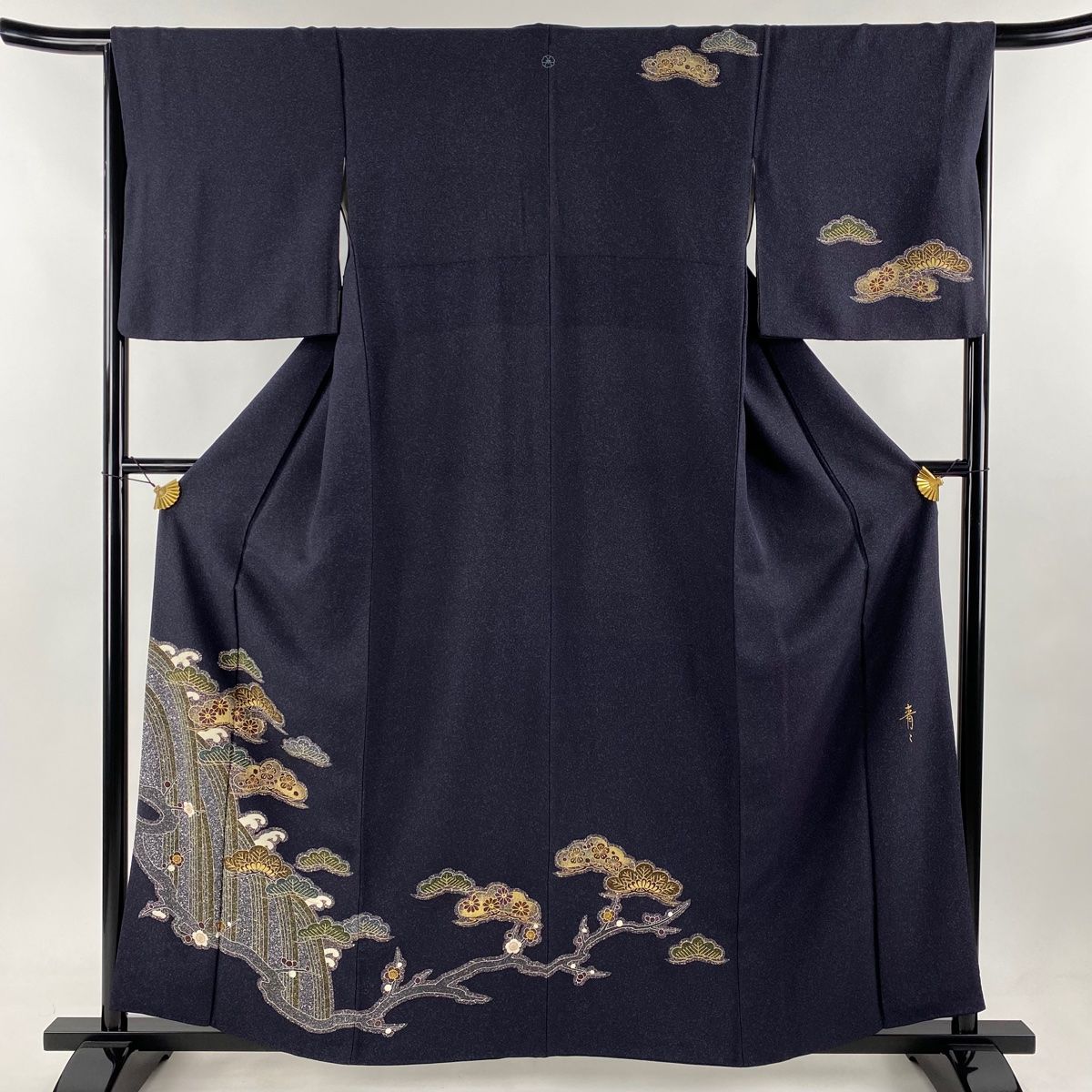 訪問着 身丈159.5cm 裄丈66cm M 袷 松井青々 落款 笠松 波頭 金彩 濃紺 正絹 名品 一つ紋