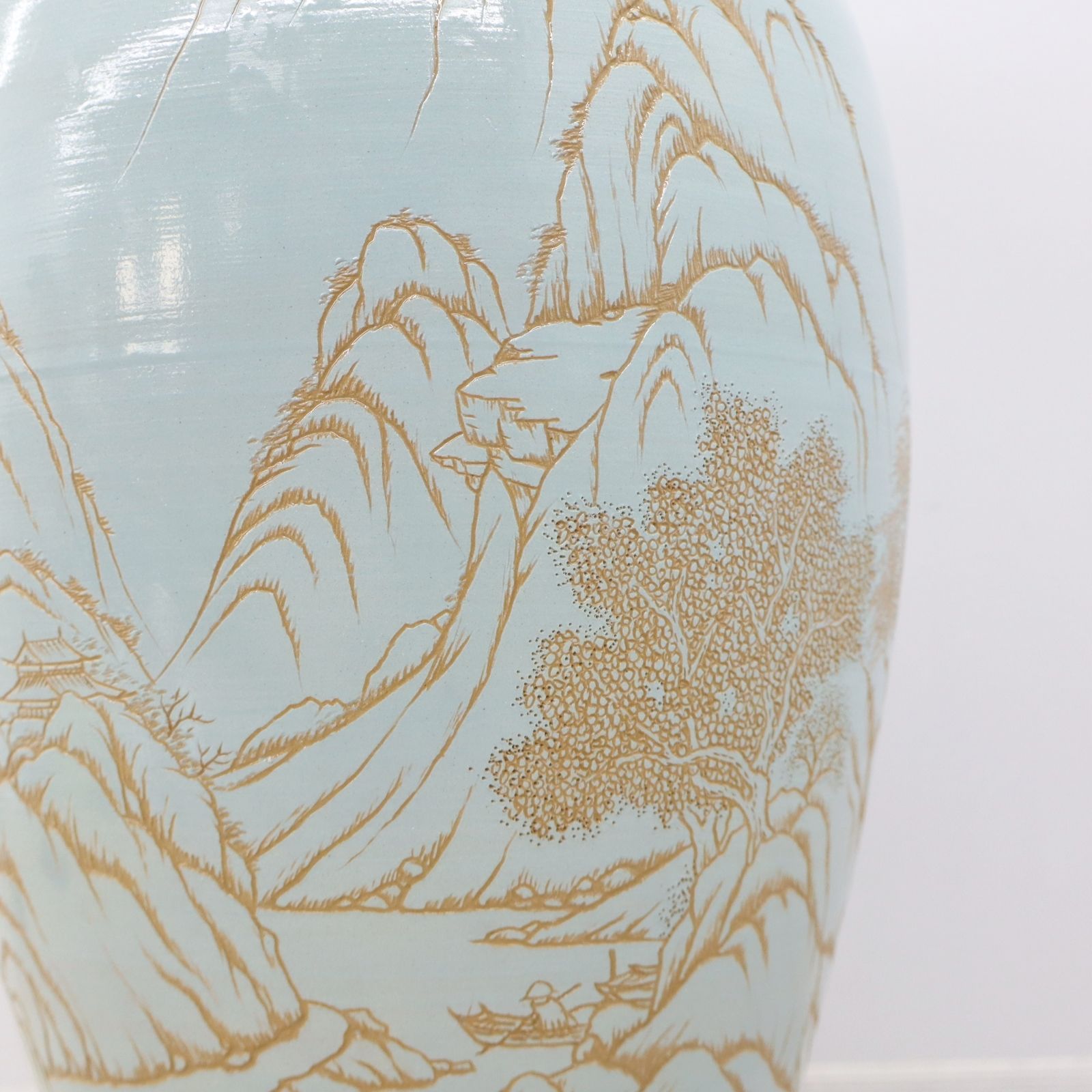 ▽骨董 古美術 ｜華壺 つぼ 花器 山水図｜東炎窯 金東和 作 東炎釉裏