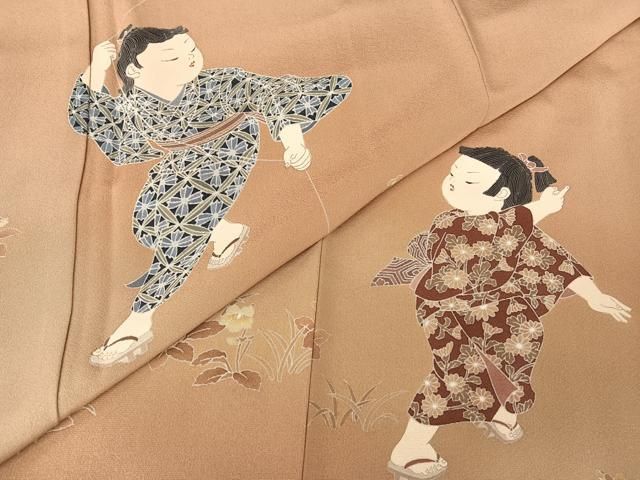 平和屋着物●十日町友禅作家　関口遼一　訪問着　童子遊び　凧揚げ　暈し染め　正絹　逸品　AAAZ3167np 平和屋着物○十日町友禅作家 関口遼一 訪問着 童子遊び 凧揚げ 暈し