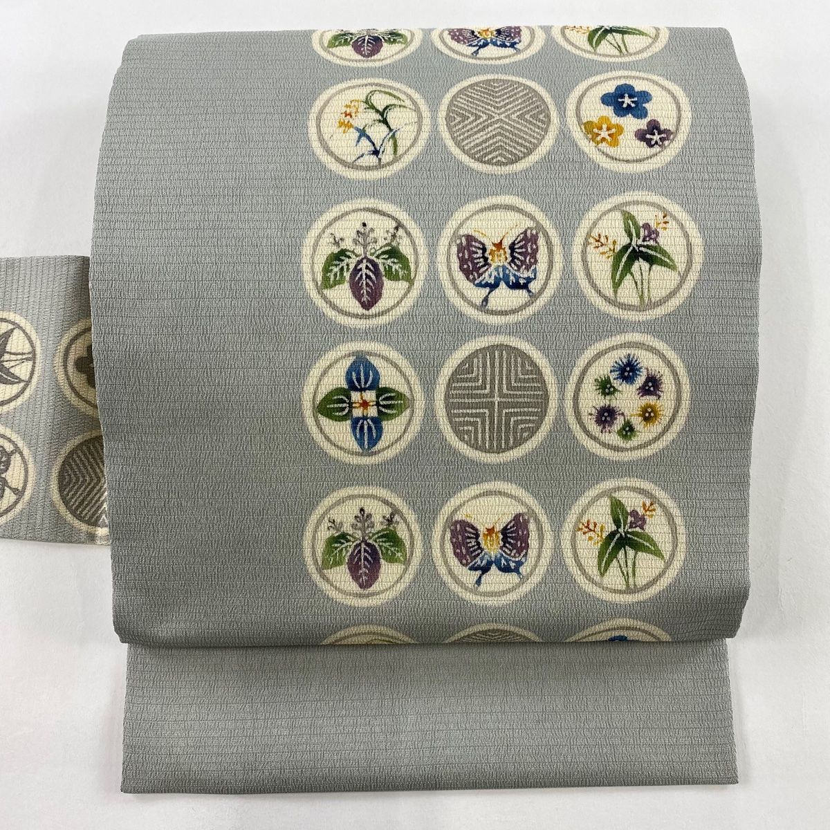 名古屋帯 秀品 夏帯 絽 丸文 蝶 灰緑 正絹