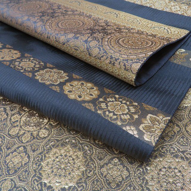 正絹　上品な六通袋帯　芯入り　濃いグレーラメ 袋帯 美品 名品 縞 幾何学模様 濃紺 六通 正絹｜中古・古着