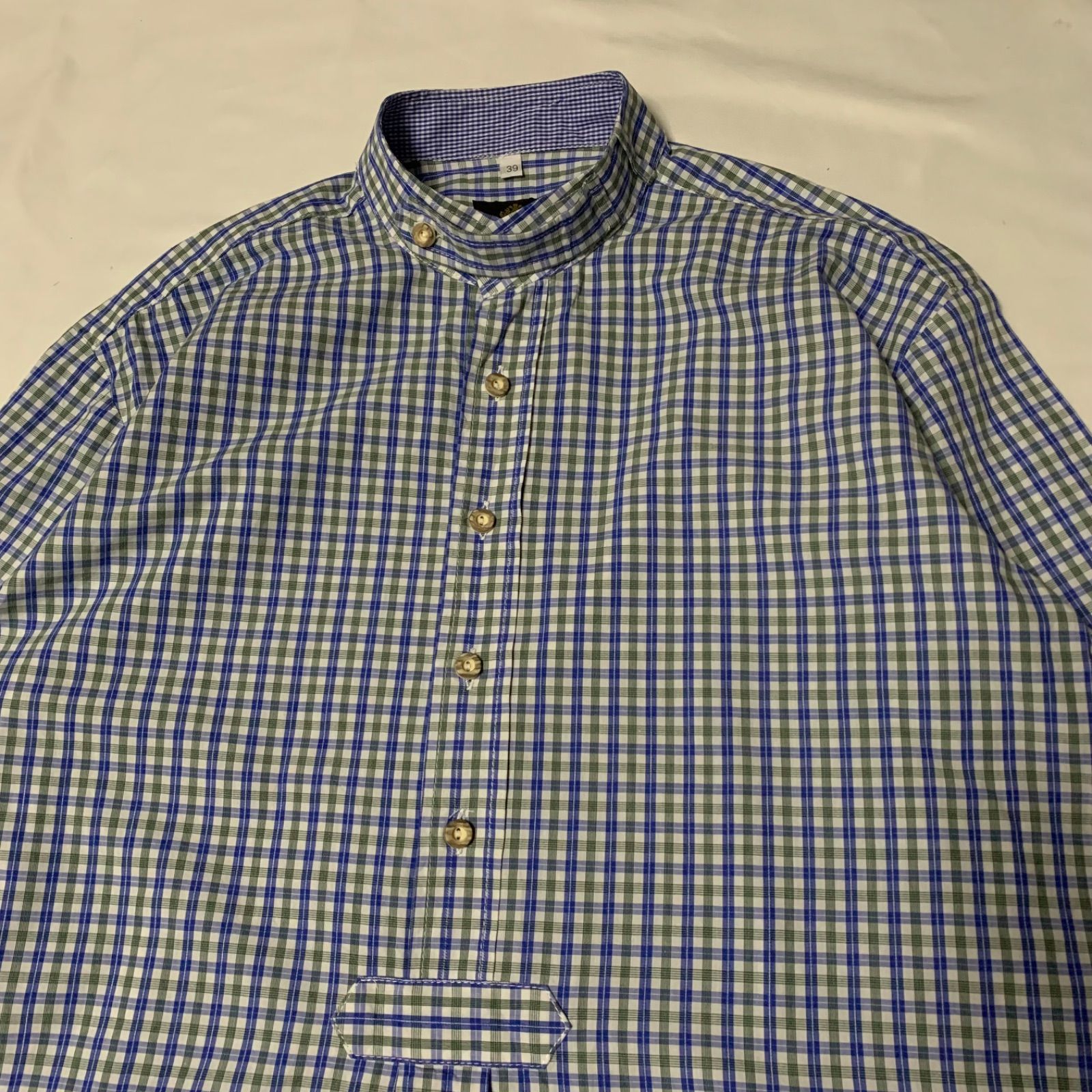 Hammerschmid L/S Tyrolean Check Shirt ハンマーシュミット チロリアンシャツ チェックシャツ プルオーバーシャツ 長袖 ライトグリーン ブルー ホワイト サイズ39 実寸S-M相当 ユーロ古着 チンストラップ スクエアカット