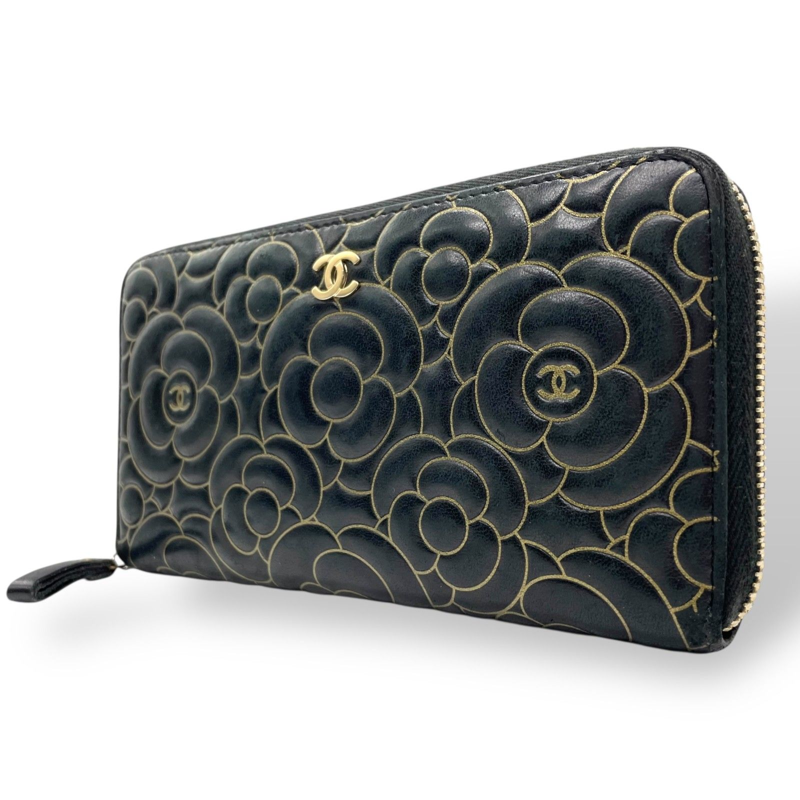 美品 シャネル CHANEL カメリア ラウンドファスナー 長財布