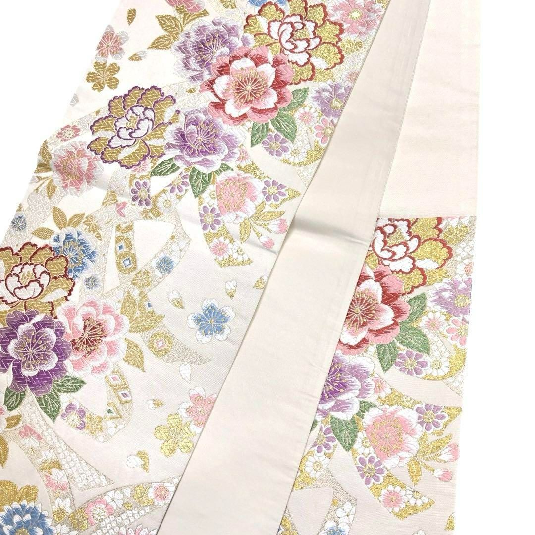 振袖帯 牡丹 八重桜 熨斗 華やか 金糸 ホワイト 袋帯 着物 024a d