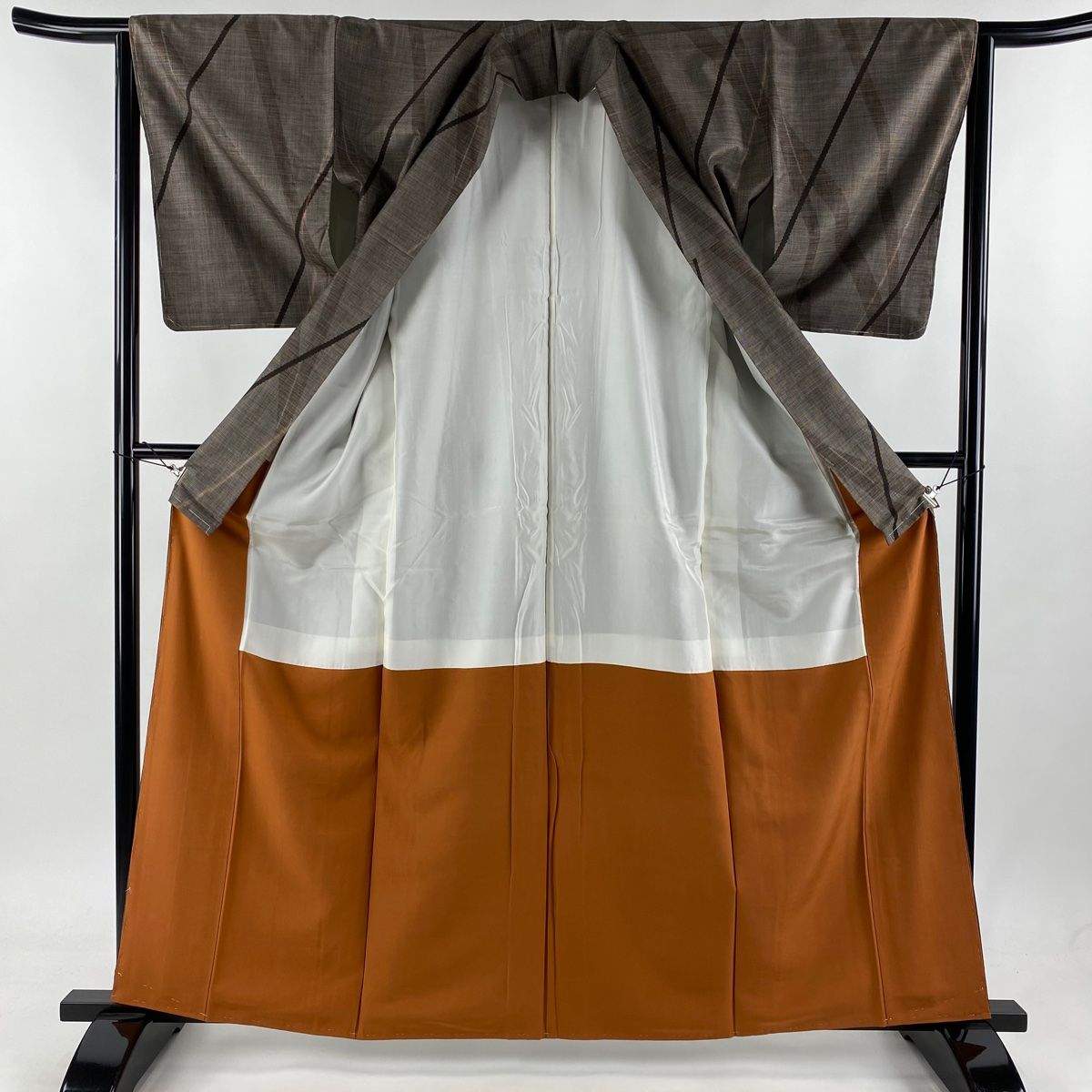 紬 身丈161cm 裄丈64cm M 袷 名古屋帯セット 桔梗 焦茶色 正絹 美品 秀  