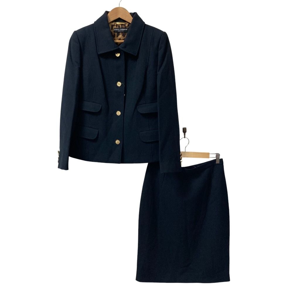DOLCE-GABBANA ドルチェアンドガッバーナ 裏地レオパード柄 ジャケット スカート セットアップ スーツ サイズ44 ネイビー レディース 古着