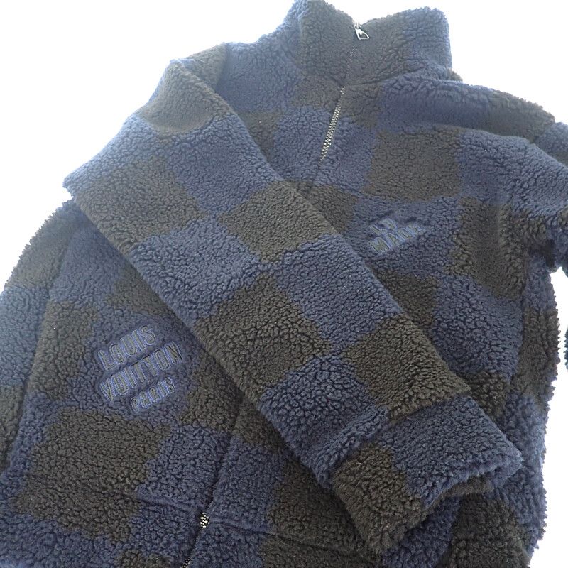 ルイヴィトン×NIGO ボアフリースブルゾン ダミエ柄 ロゴ刺繍 黒×濃紺 L LOUIS VUITTON - ルイヴィトン×NIGO ボアフリースブルゾン