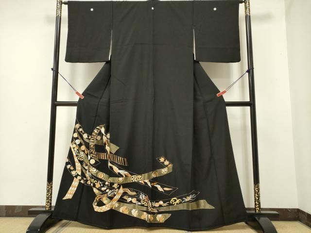 平和屋着物○豪華黒留袖 飛鶴草花文 暈し染め 正絹 逸品 AABA4293ph