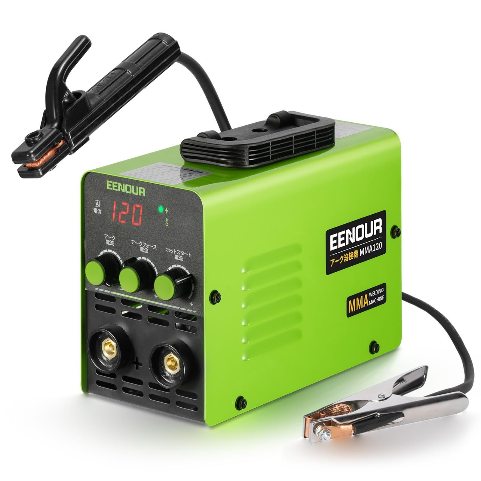 EENOUR アーク溶接機 MMA120 溶接機 100V 最大出力120A MMA溶接機 インバーター搭載 電流 ホットスタート アークフォース調整 液晶表示 アンチスティック機能 スパークしやすい 安定 向け 家庭用 小型 軽量 軟鋼 ステ