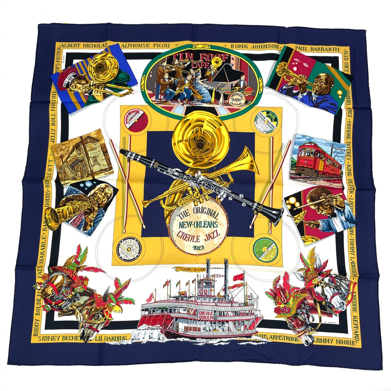 HERMES エルメス カレ90 THE ORIGINAL NEW ORLEANS CREOLE JAZZ ニューオリンズ スカーフ シルク ネイビー き