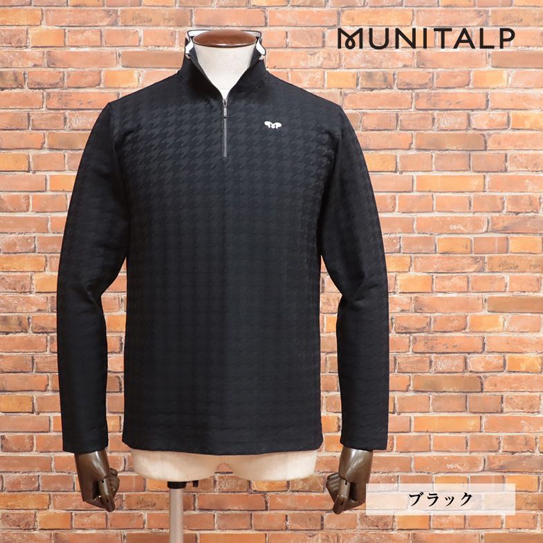 MUNITALP/52(3L)サイズ/ハーフジップ カットソー 吸水速乾 伸縮 ジャガードニット 千鳥格子 日本製 長袖 ゴルフ 新品/黒/ブラック/jd200/