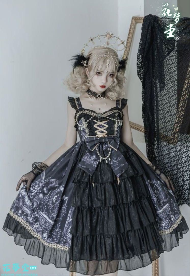25年 ゴスロリドレス 黒 白 フリル リボン コスプレ ロリータ かわいい 撮影会 舞台 イベント 花夢堂-56