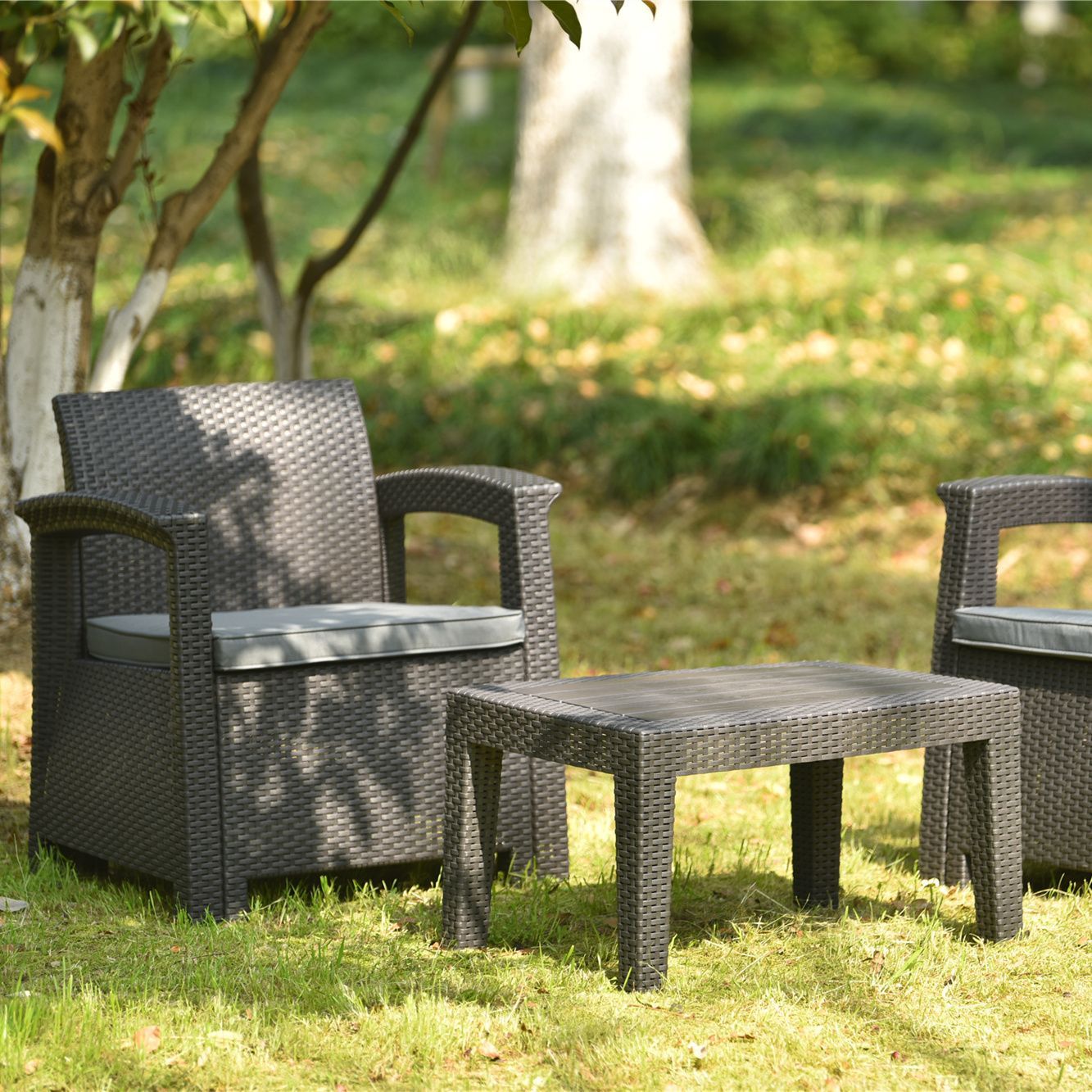 ラタン調 ガーデンファニチャー 5点 積み重ねて収納できる！ガーデン